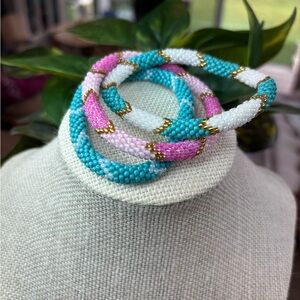 Pink and Blue Beaded Bracelet with Spiral Design